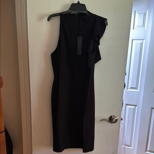 Black Halo Asymmetrical Mock Neck Sheath Dress